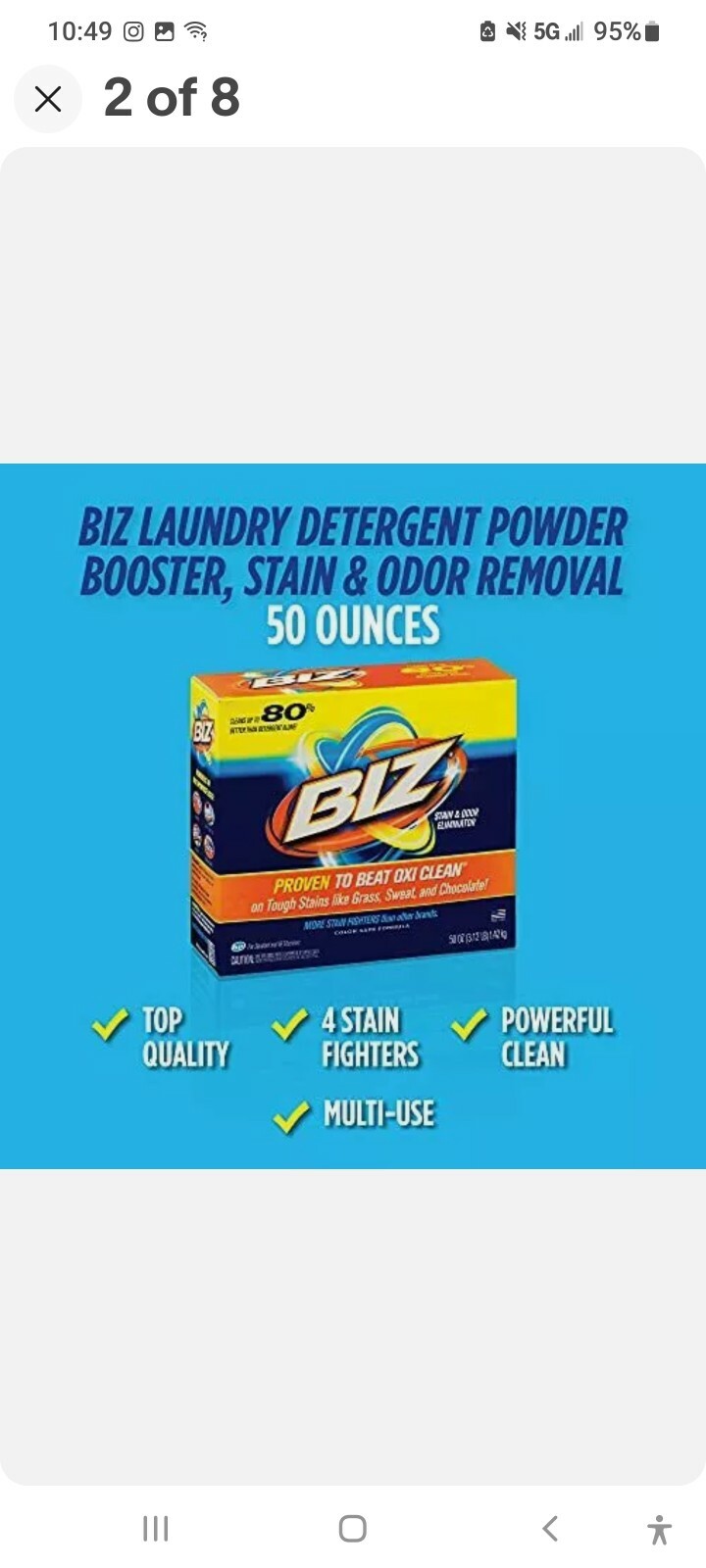 Biz Laundry Detergent Powder Booster Stain & Odor Removal – 50 Ounces