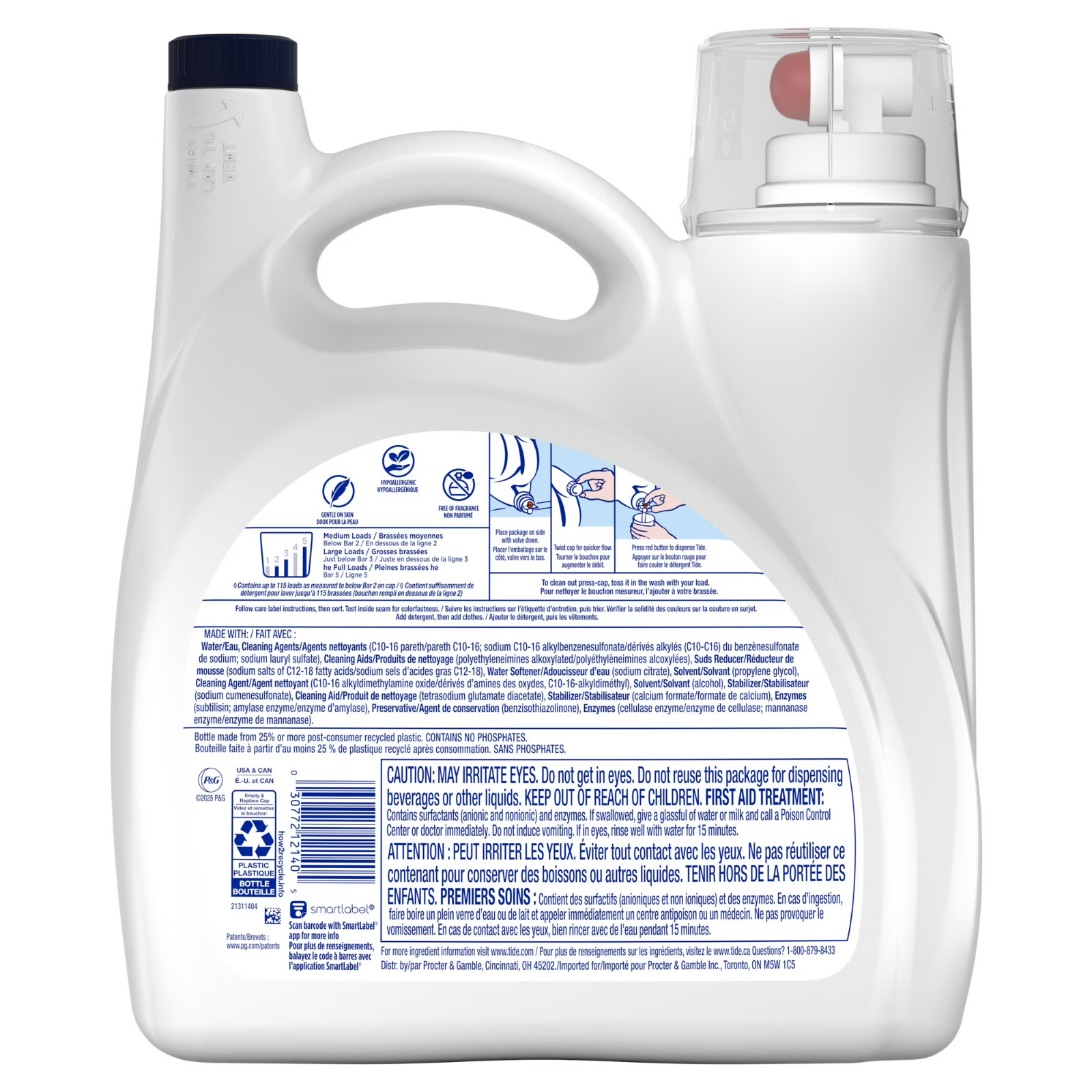 Tide Free Gentle Laundry Detergent Sensitive Skin 132 fl oz 100 Loads Unscented
