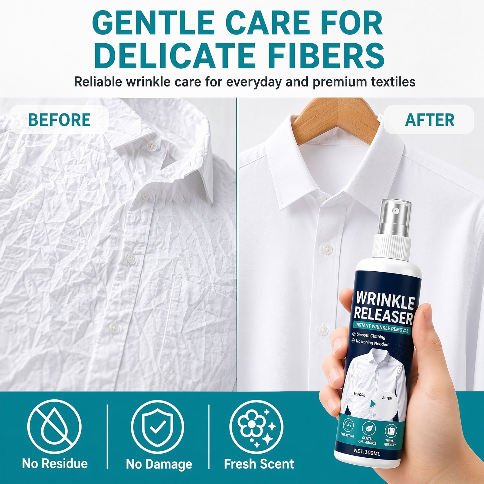 100ml Travel Wrinkle Release Spray,Fabric Refresher No Iron for Shirts & Dresses