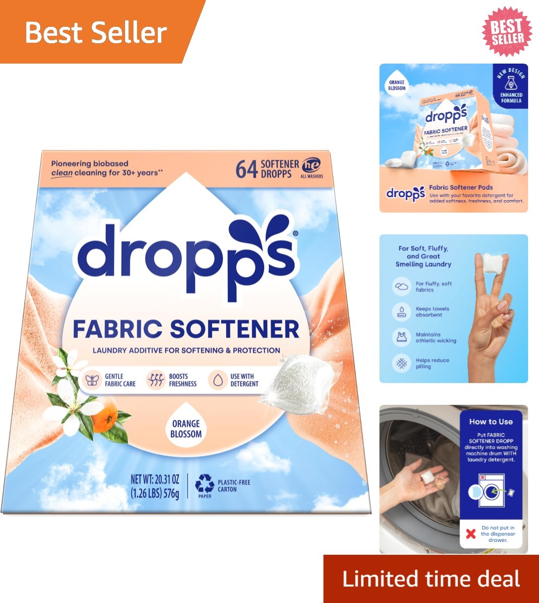 Eco-Friendly Fabric Softener Pods – Orange Blossom, 64 Pods for Fluffy Laundry
