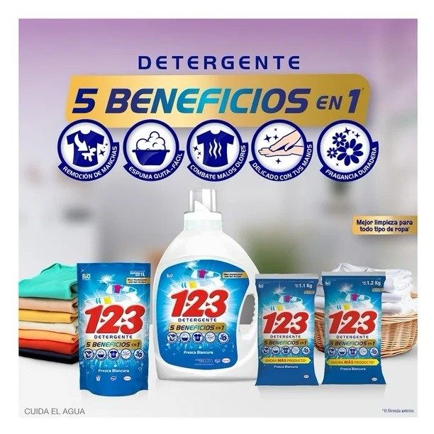 3X Detergente 123 Fresca Blancura 🇲🇽 Powder Laundry Detergent, 1.2Kg, 3 Pack