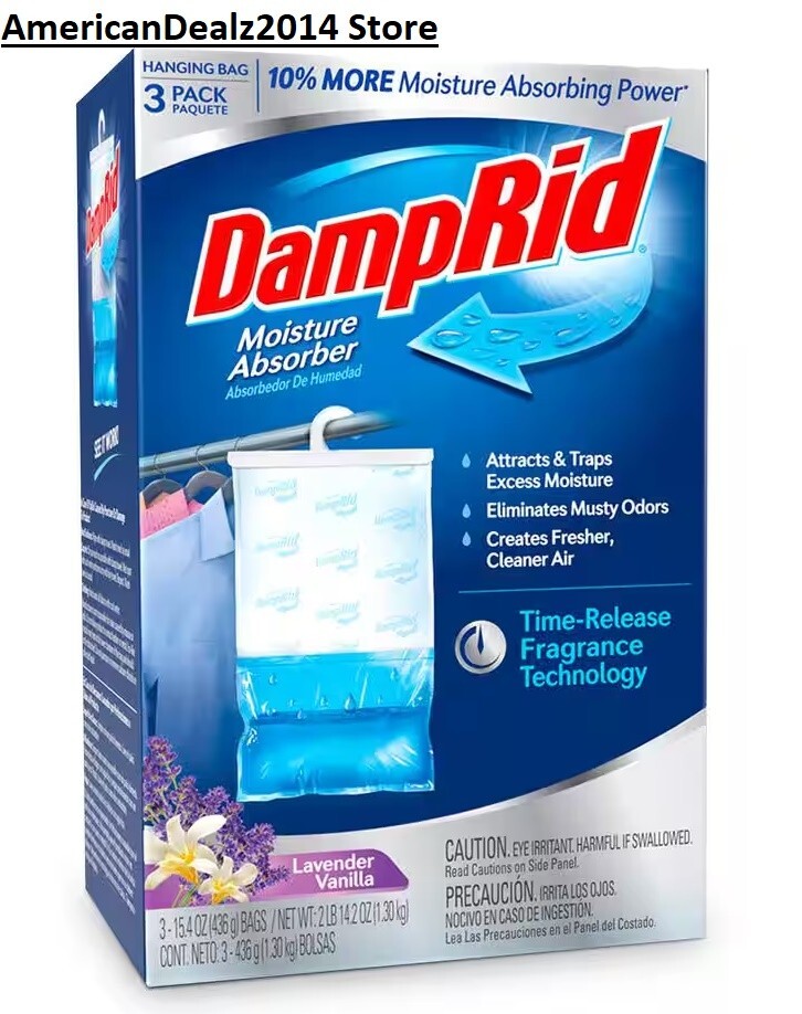 3 PACK – DampRid Hanging Bags Moisture Absorber Lavender Vanilla 15.4 oz