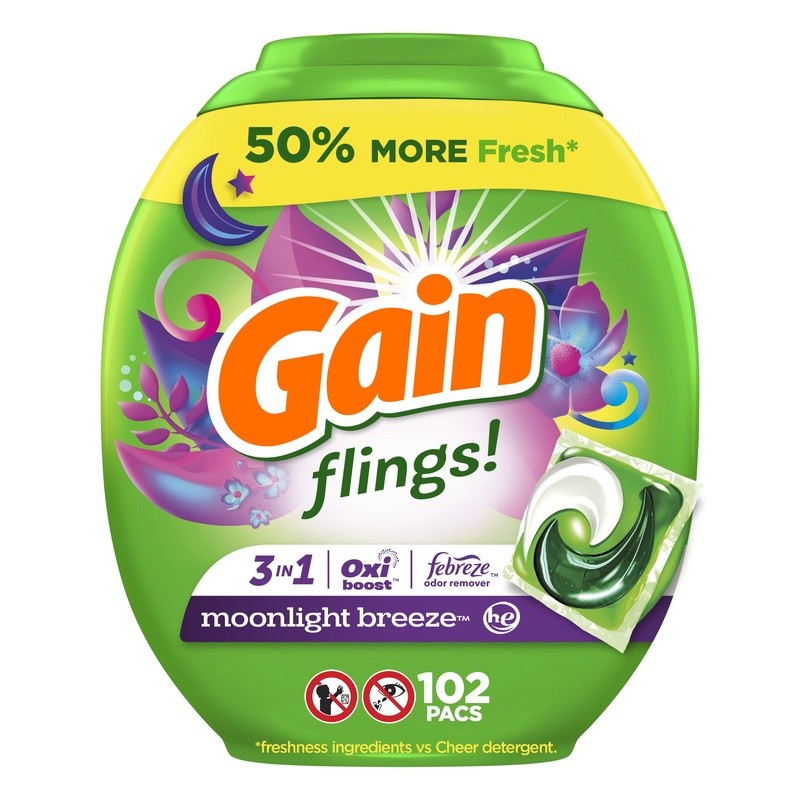 Flings Laundry Detergent Pacs OxiBoost Odor Defense Moonlight Breeze 102 Count