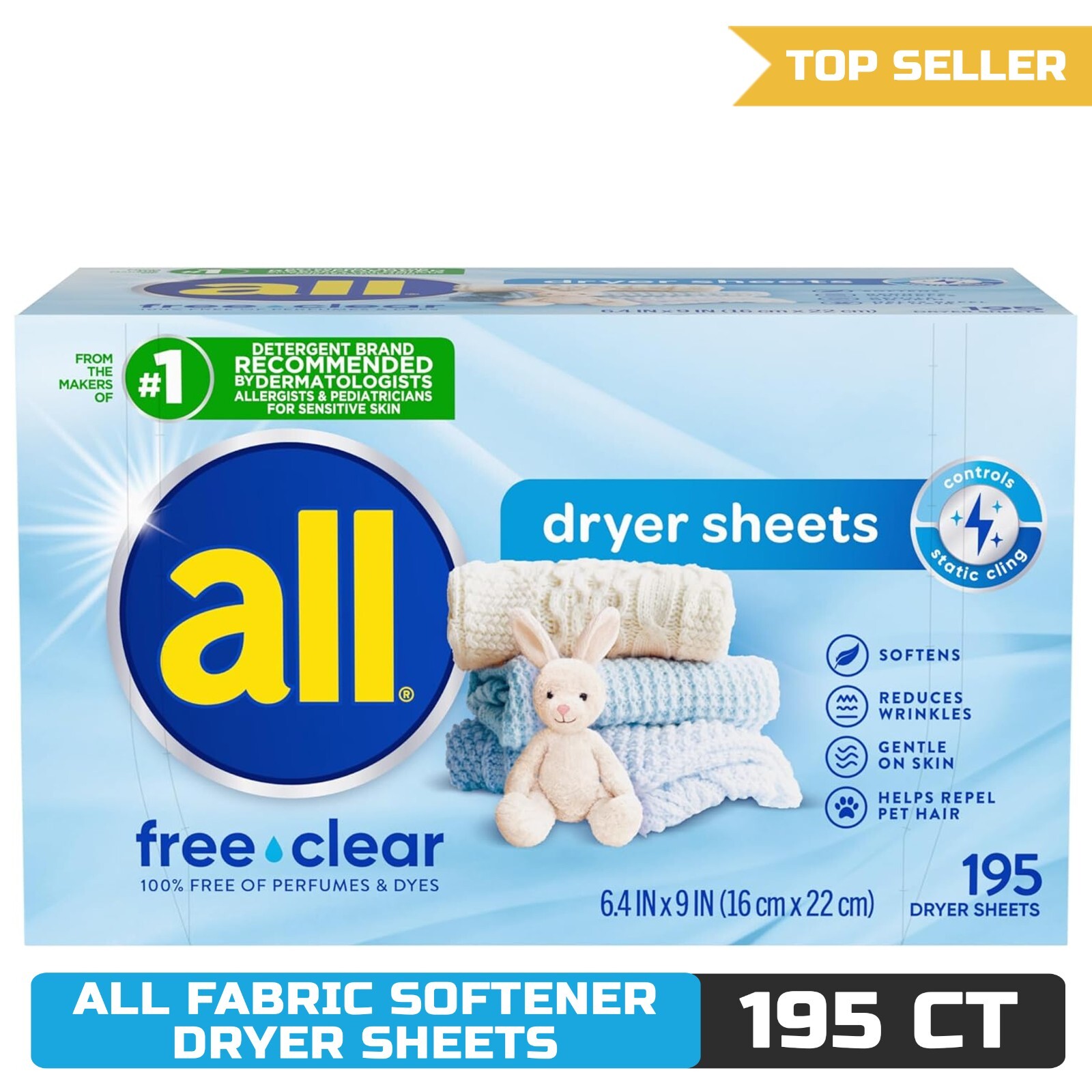 All Fabric Softener Dryer Sheets for Sensitive Skin, Free Clear, 195 Count