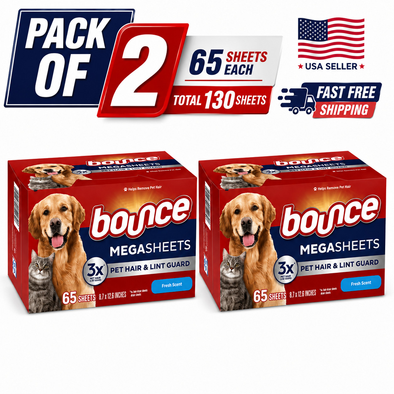 Bounce Pet Hair & Lint Guard Mega Dryer Sheets Fresh Scent 130 Count, 3X Pet Hai