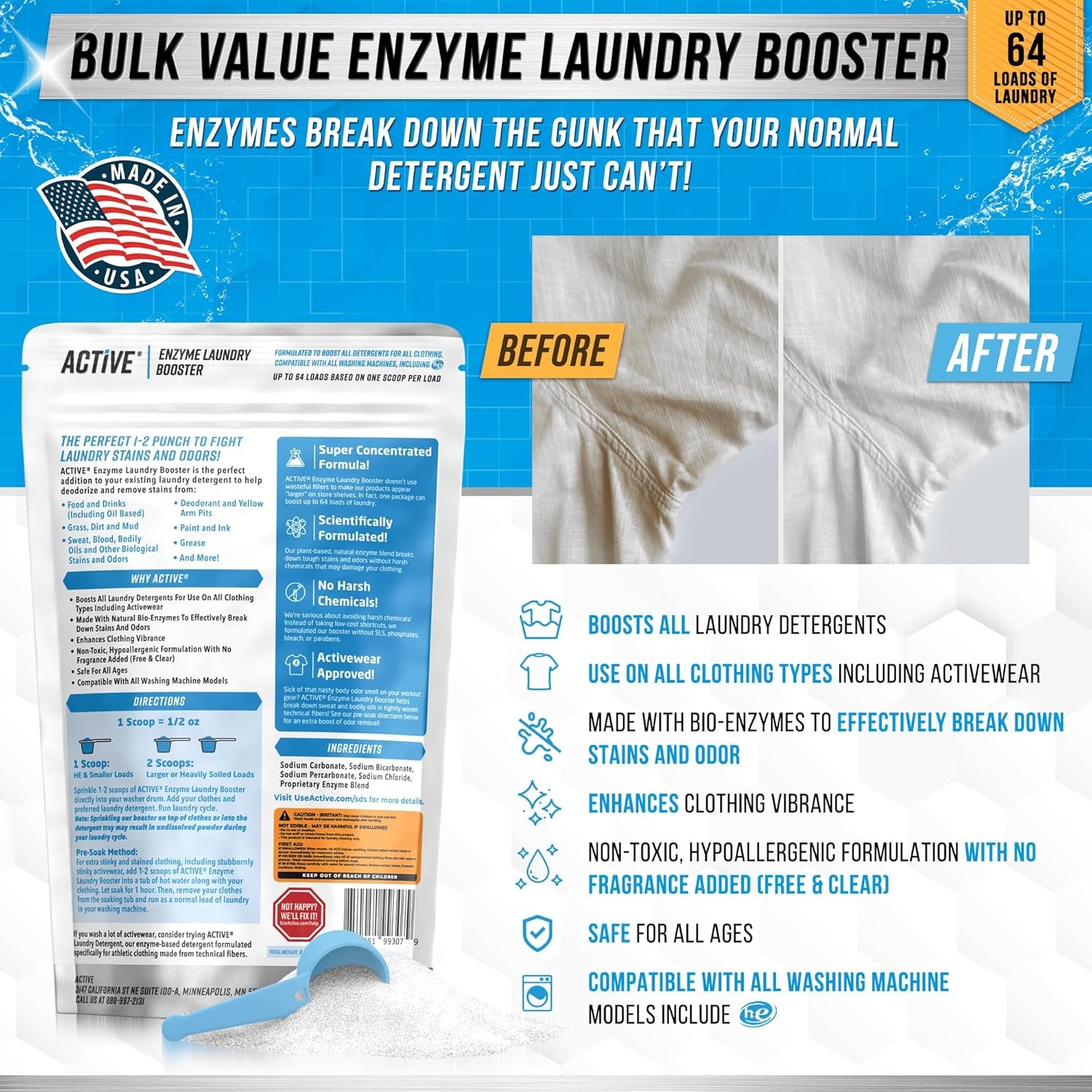 Enzyme Laundry Booster Odor Remover – 2 lbs Unscented Enzymatic Clothes…