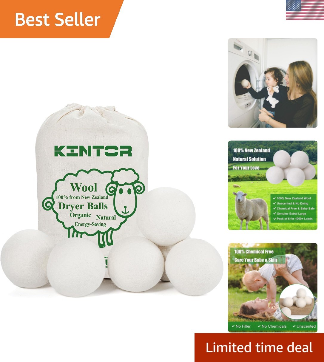 XL Wool Dryer Balls 6-Pack, 100% New Zealand Wool, Reusable Fabric Softener, …