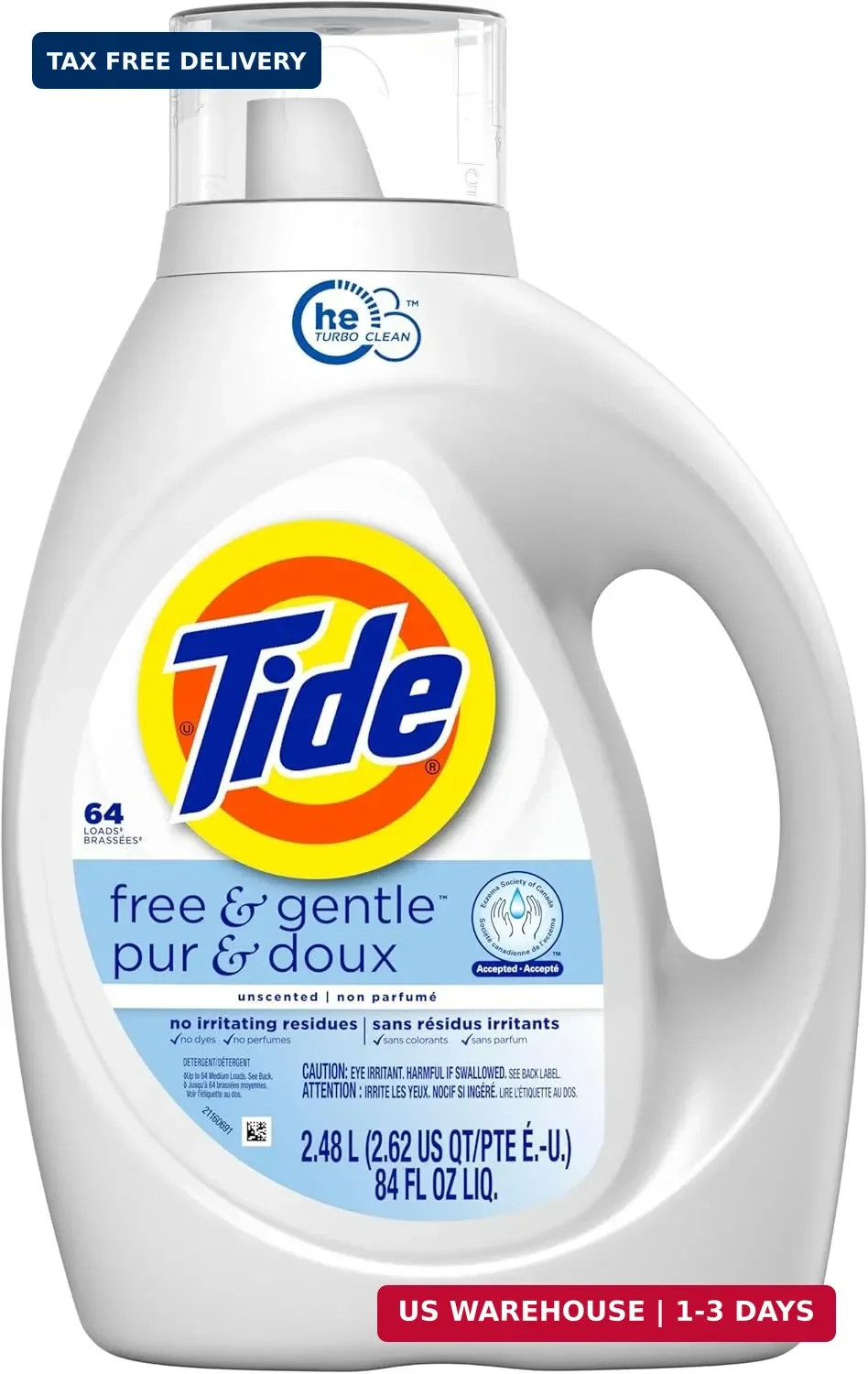 Tide Free & Gentle Liquid Laundry Detergent, 64 Loads, 84 fl oz, Tide Laundry De