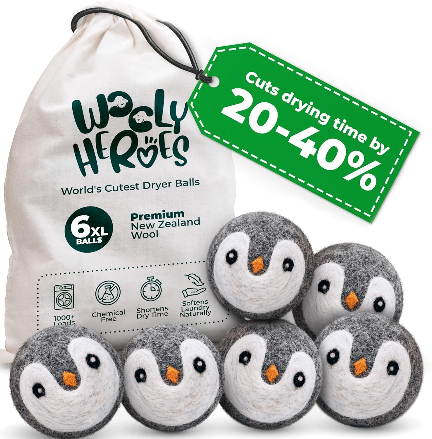 Reusable XL Wool Dryer Balls: 6-Pack Chemical-Free, Adorable Penguin Design