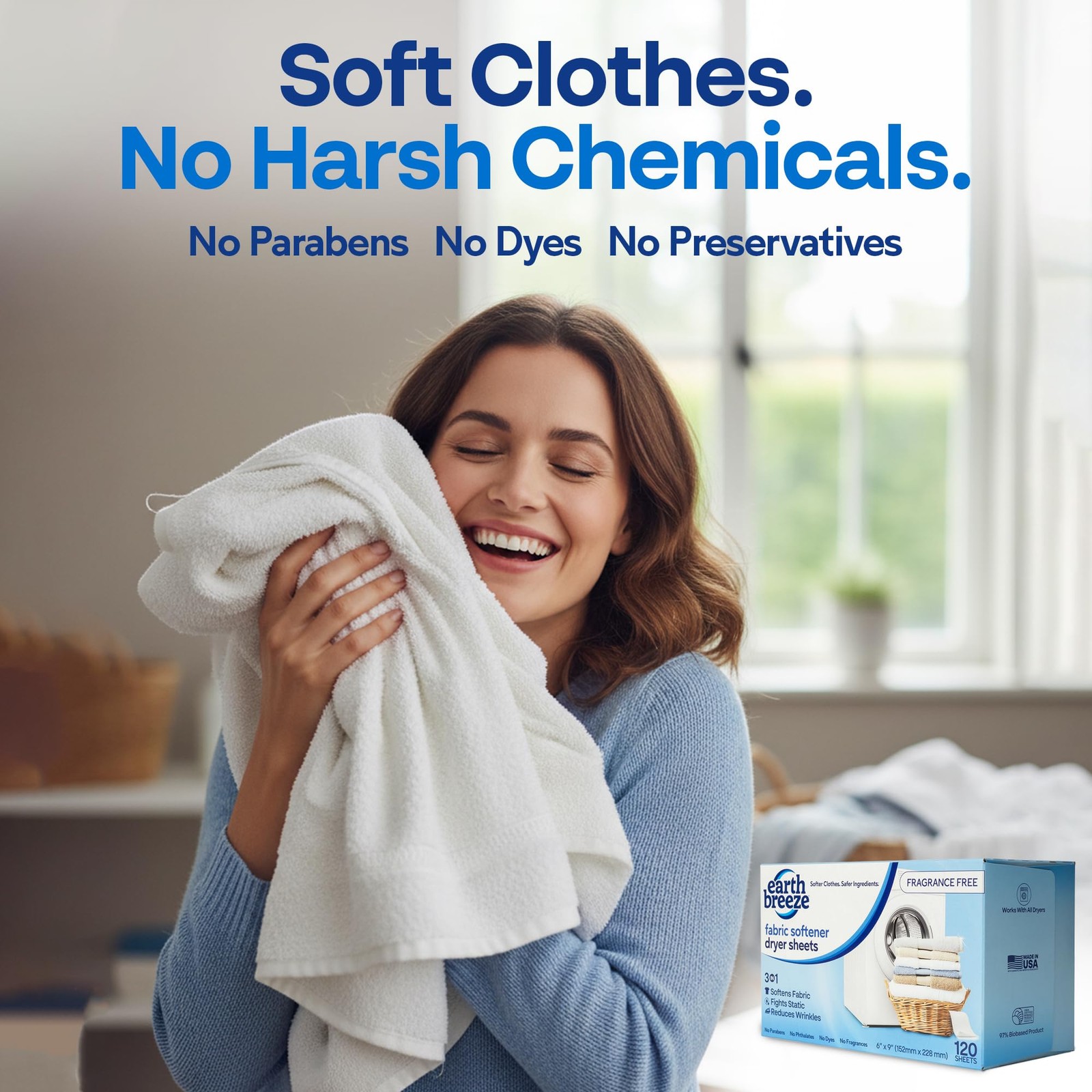 Earth Breeze Fabric Softener Dryer Sheets – Fragrance Free, Hypoallergenic,