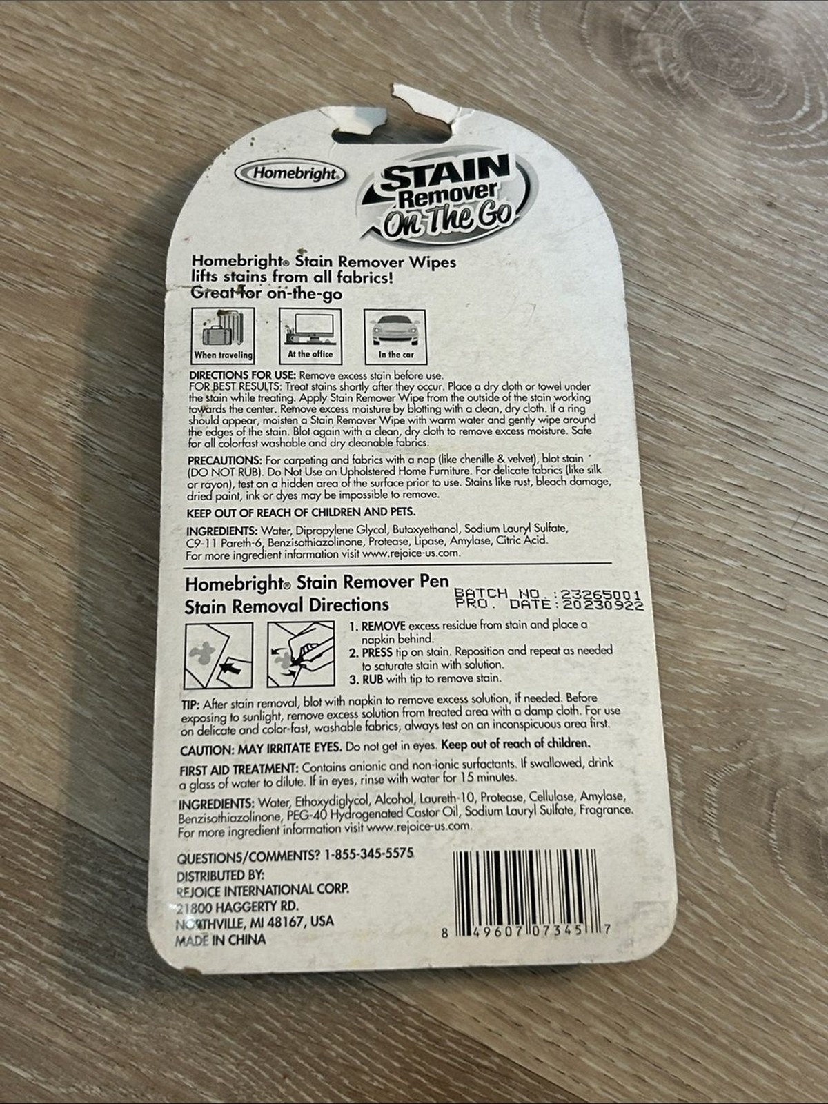 Homebright Stain Remover On The Go NIB Pen and Four Individual Packaged Wipes