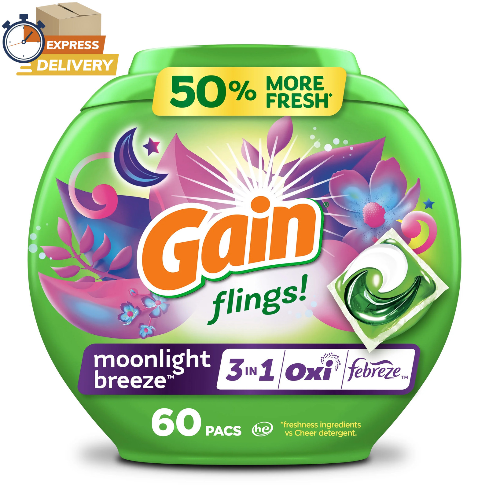 Flings 3-In-1 Oxi Boost and Febreze Laundry Detergent Pacs, Moonlight, 60 Count