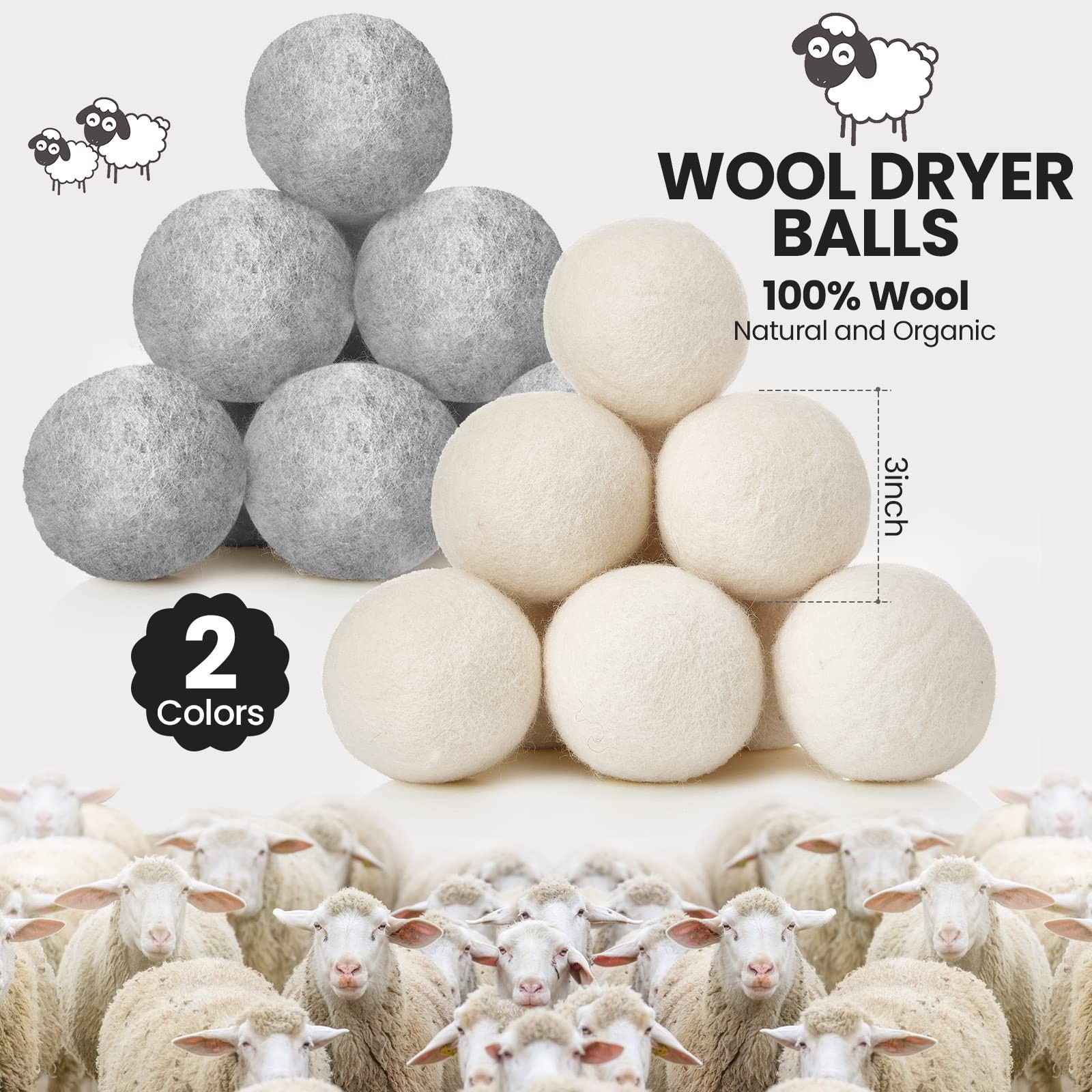 42 Pieces Wool Dryer Balls Set 40 Reusable Wool Balls with 2 Muslin Bags Laun…