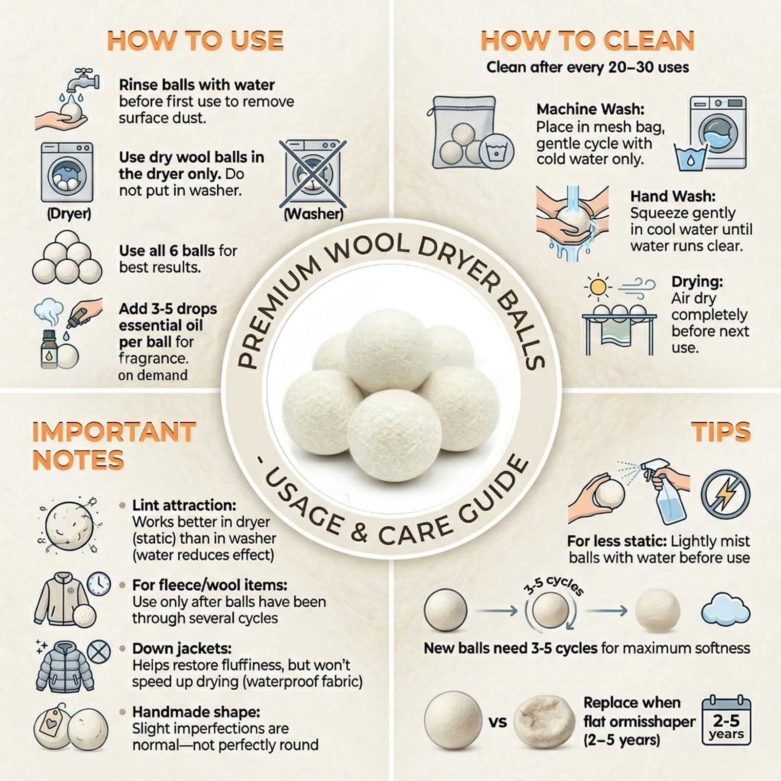 100% Pure New Zealand Wool Dryer Balls, 6Pack Natural Fabric Softener Altern…