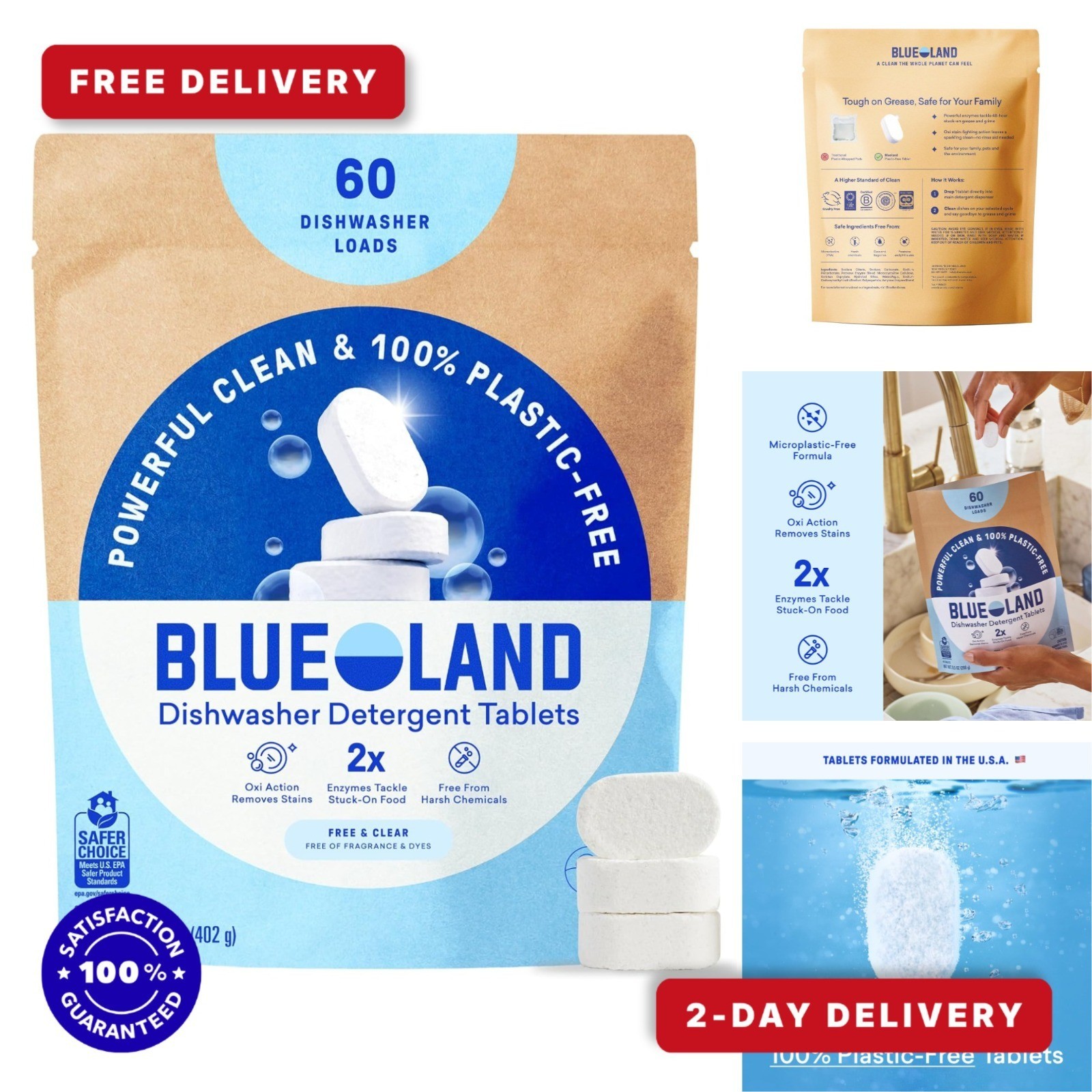 BLUELAND 100% Plastic-Free Dishwasher Detergent Tablets 60ct Eco-Friendly