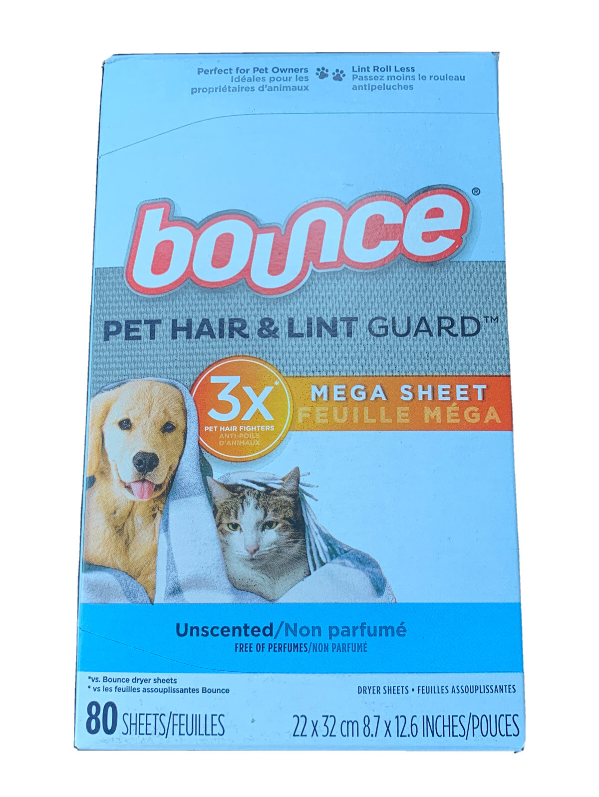 bounce Pet Hair & Lint Guard MEGA DRYER SHEET 3X Pet Hair Fighter Unscented 80Ct