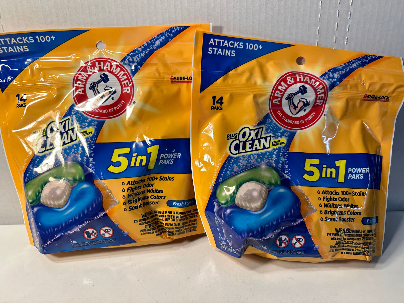 Lot of 2 Arm & Hammer Plus Oxi Clean 5-in-1 Power Paks, 14 Paks Each