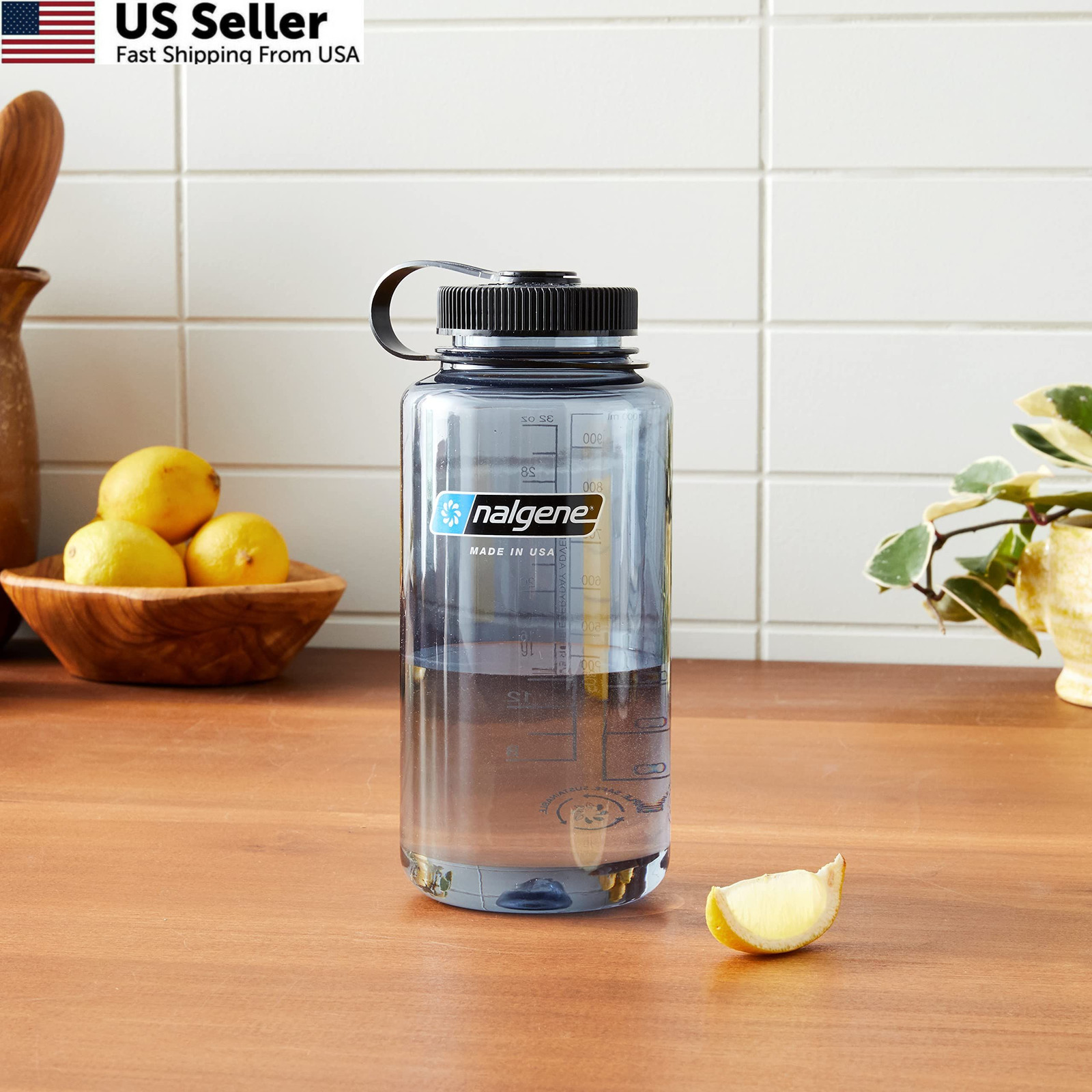 Nalgene 32 oz Wide Mouth Water Bottle | 32 Ounces, Gray w/ Black Lid