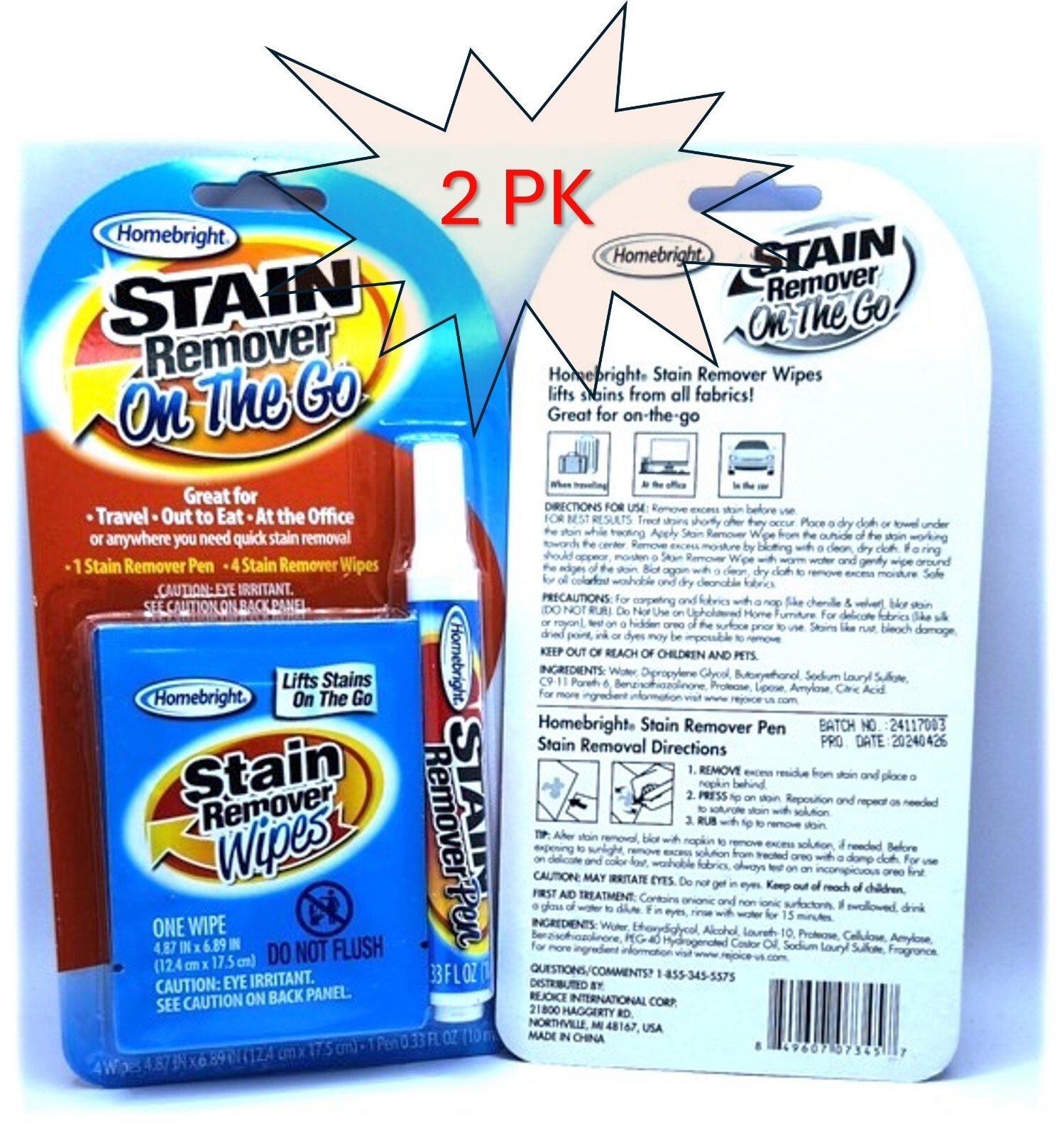 Homebright Stain Remover Pen +4 Stain Remover Wipes On The Go- 0.33 FL OZ – 2 PK