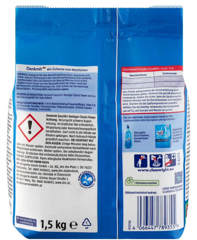 6 x 1.5 Kg Denkmit Dishwashing Liquid Powder Classic