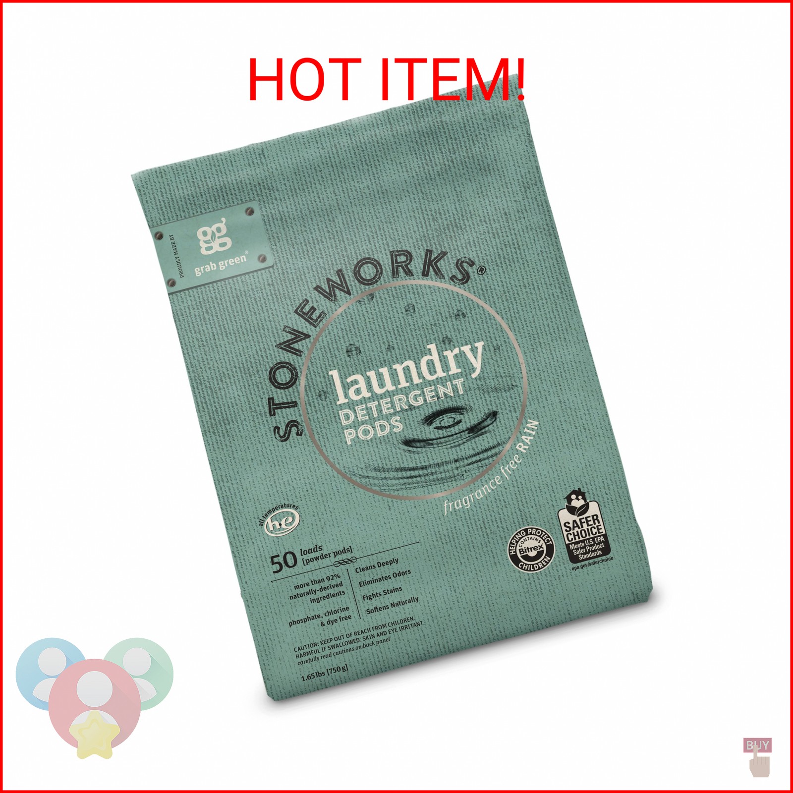 Grab Green Stoneworks Laundry Detergent Pods, Powered by Naturally Derived Plant