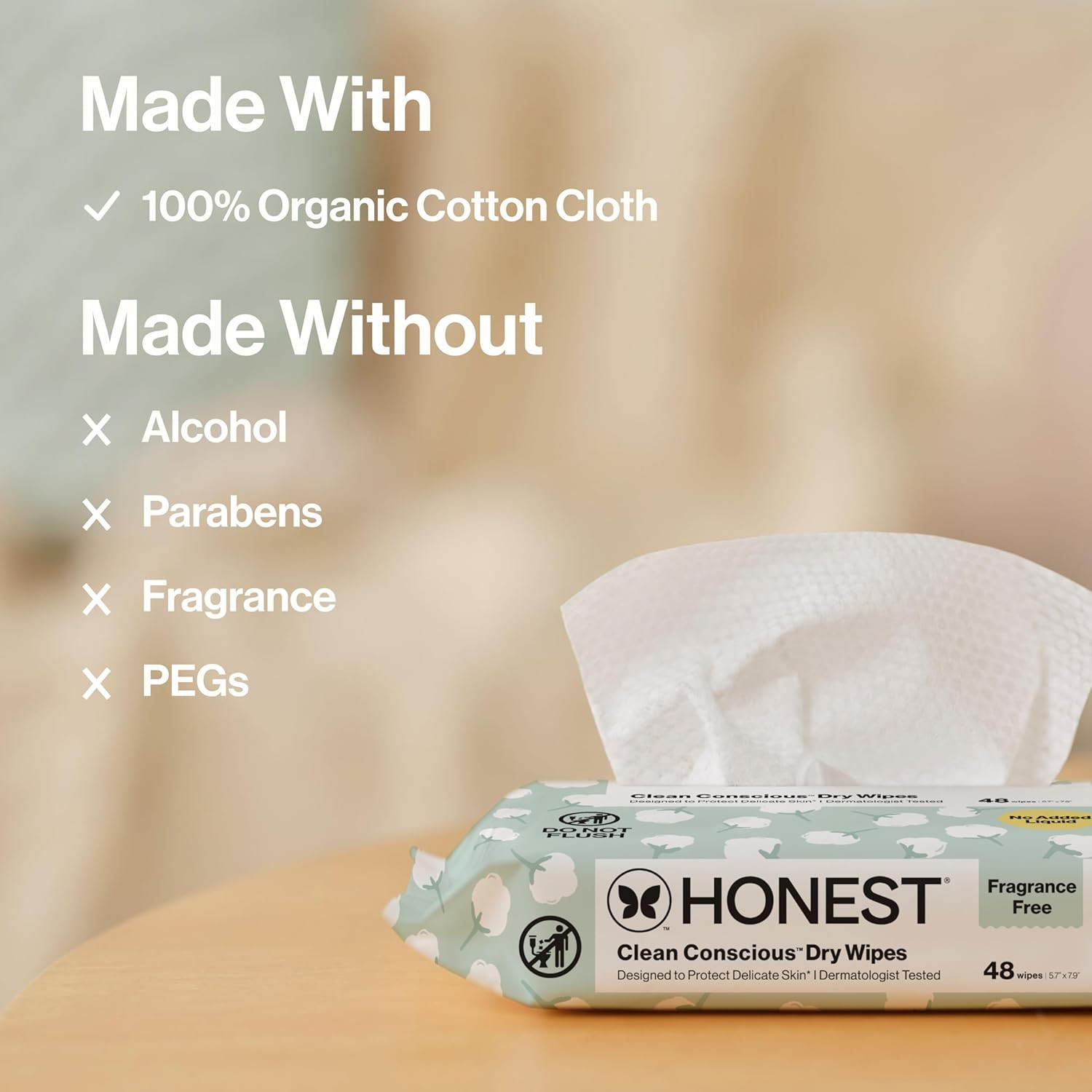 The Honest Company Organic Cotton Dry Wipes Baby Facial Cloths 192 Count New