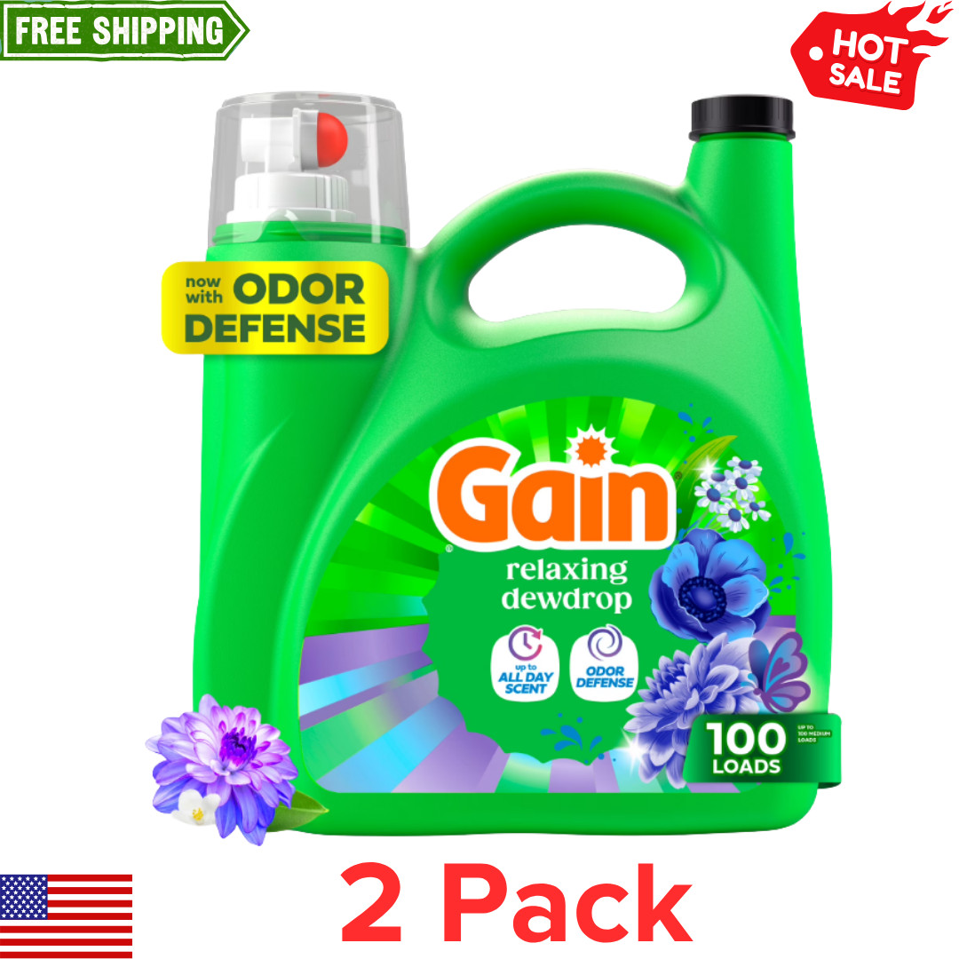 (2 Pack) Gain Laundry Detergent Liquid Relaxing Dewdrop 132 fl oz 100 Loads