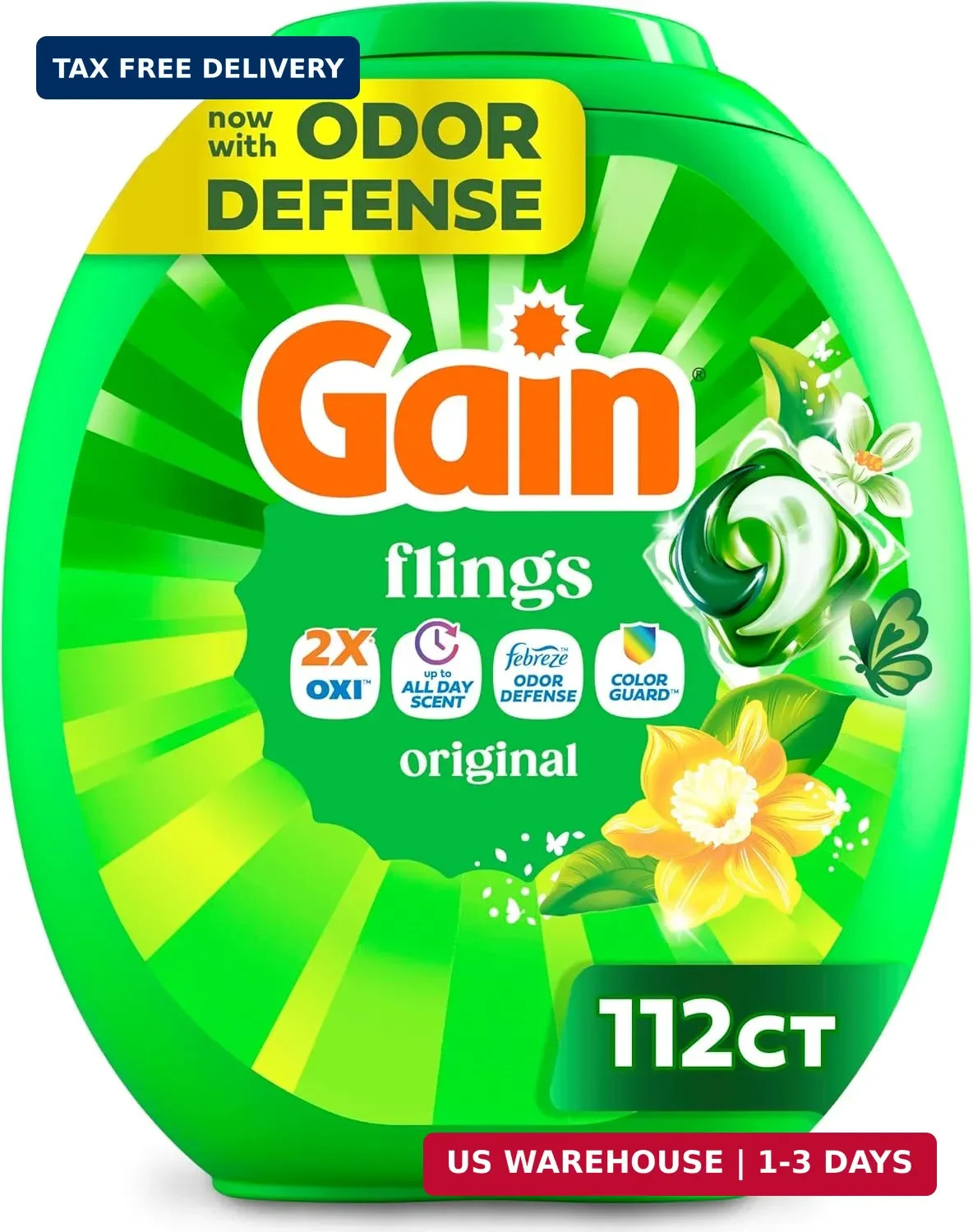 Gain Flings Liquid Washing Detergent Pods, Now with Odor Defense + Color Guard,