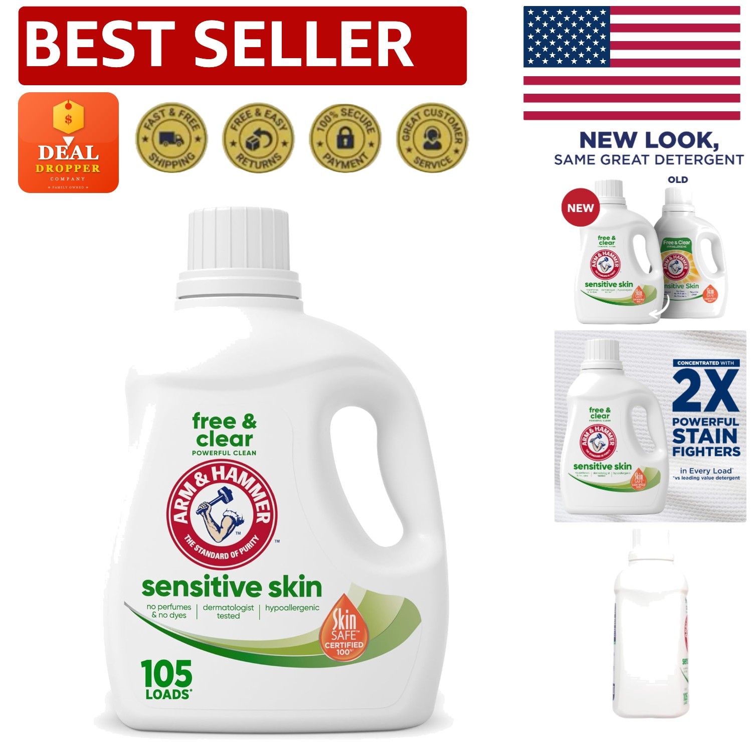 Concentrated Sensitive Skin Laundry Detergent, Dye & Fragrance Free, 105 Loads
