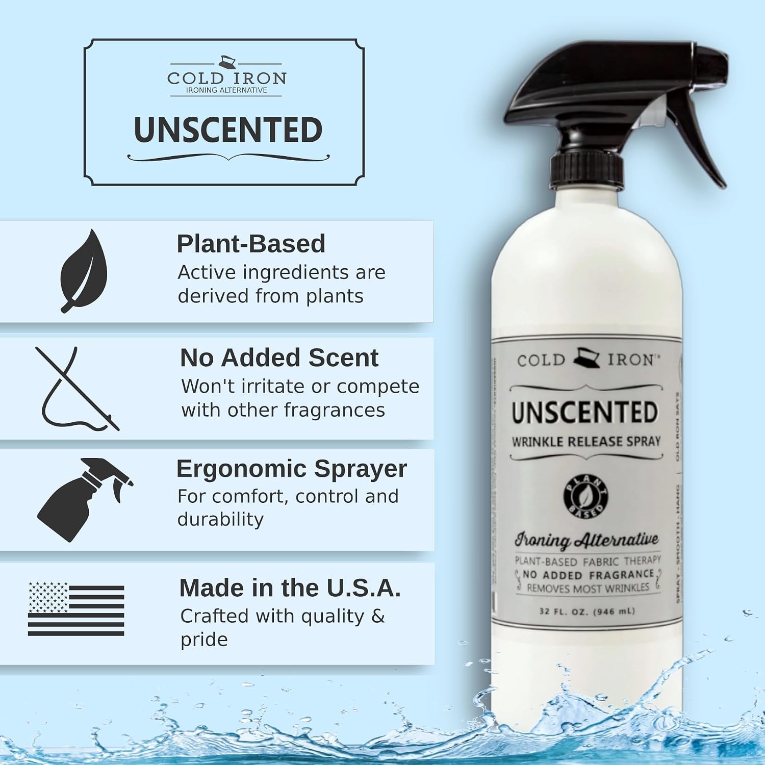Cold Iron Unscented Fragrance Free Wrinkle Release Spray 32 fl oz for Clothes