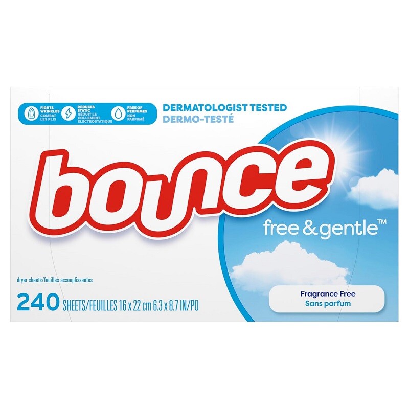 Bounce Dryer Sheets Laundry Unscented Fabric Softener Free & Gentle Sheet 240 Ct