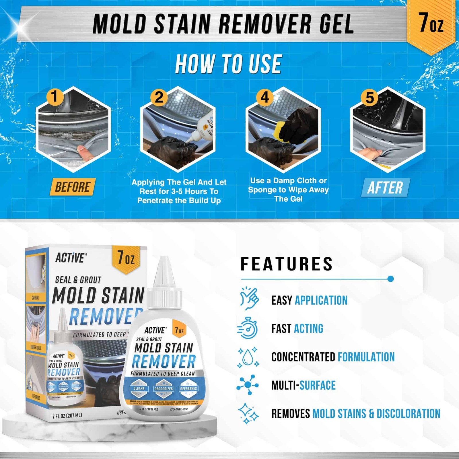 ACTIVE Mold Stain Remover Gel Cleaner 7 Fl Oz (Pack of 1), Clear