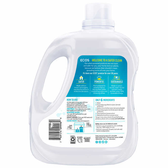 Pack of 2 – ECOS HE Liquid Laundry Detergent, Free & Clear, 210 Loads, 210 fl oz