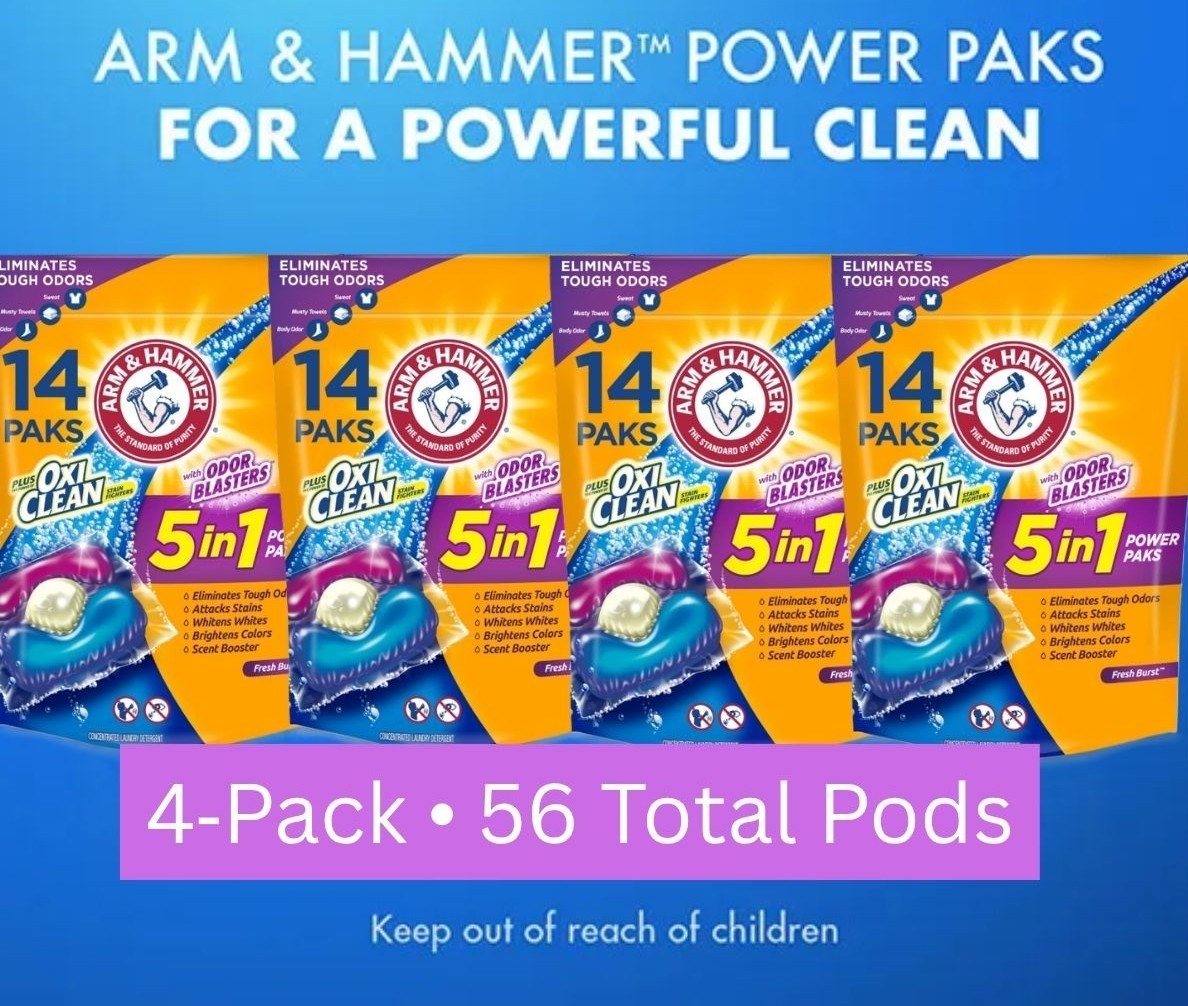 ARM & HAMMER + OxiClean 5‑in‑1 Power Paks Fresh Burst • 4‑Pack (56 Pods) Laundry