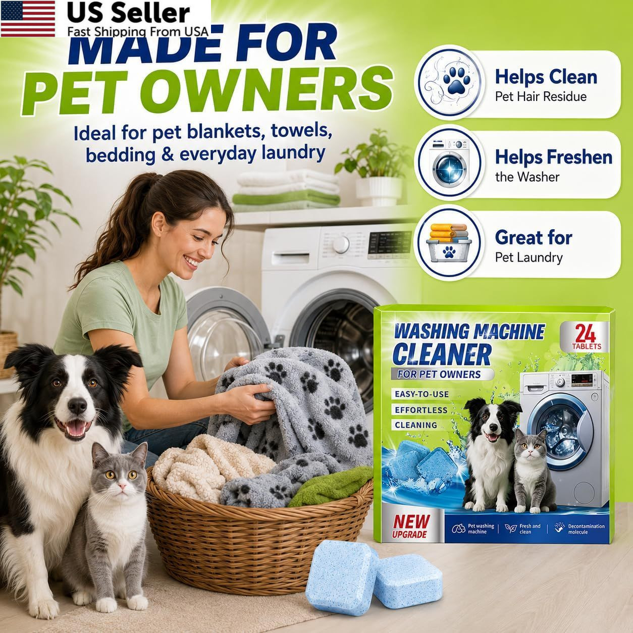 Enzyme Washing Machine Cleaner Tablets Pet Odor Hair Remover Front Top Load 24ct