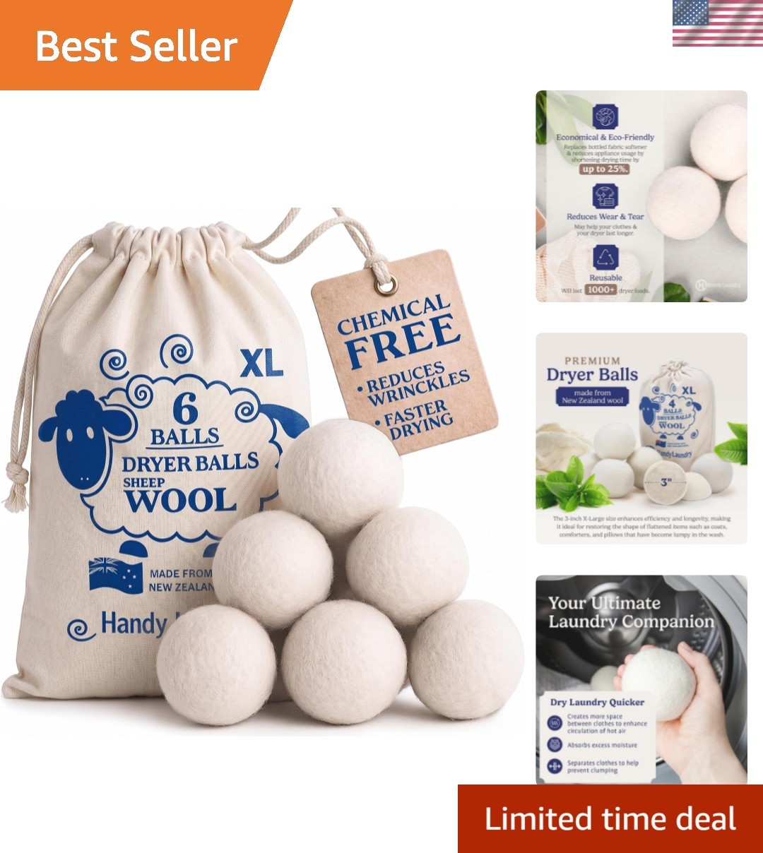 Sustainable Wool Dryer Balls – 6-Pack Natural Fabric Softener for a Greener Home