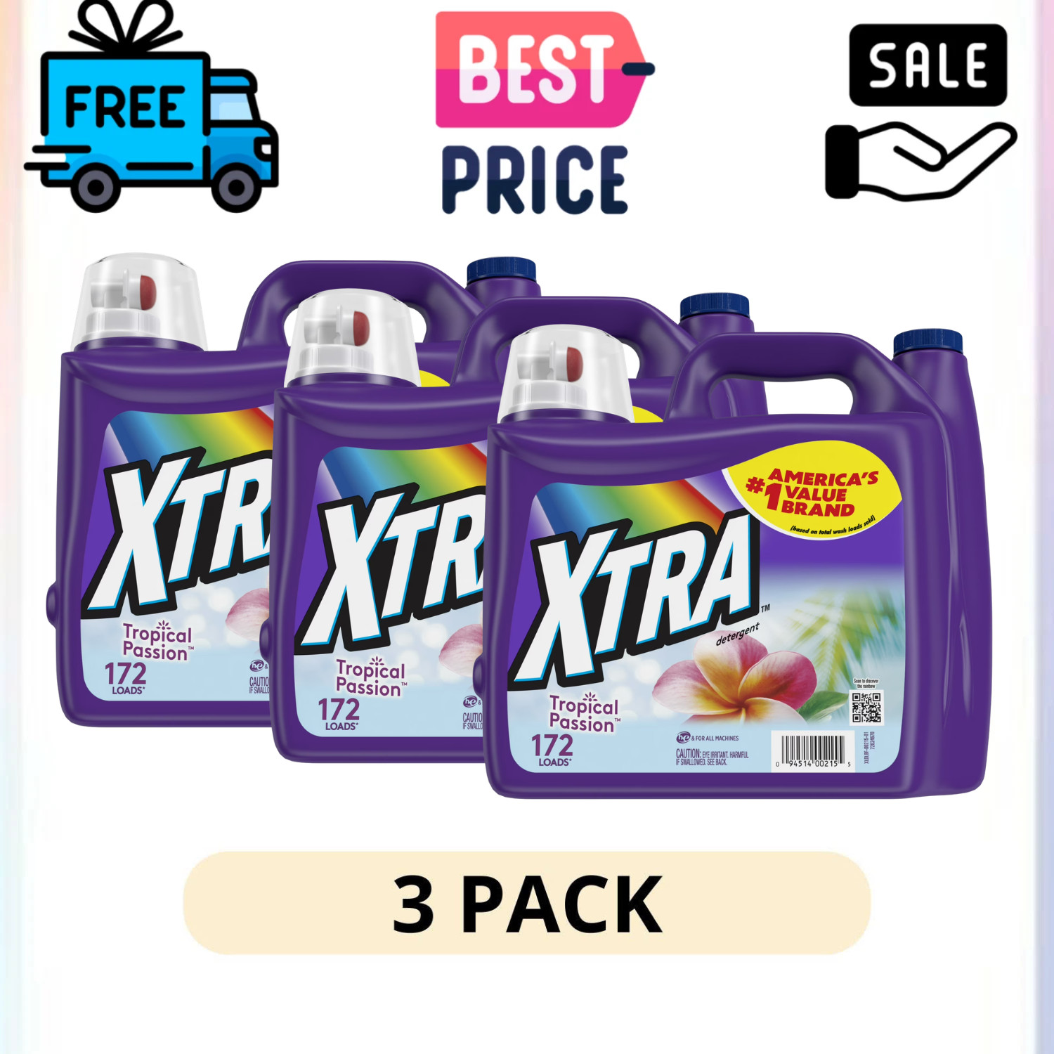 (3 Pack) Xtra Tropical Passion Laundry Detergent Liquid 172 Loads 206.4 fl oz