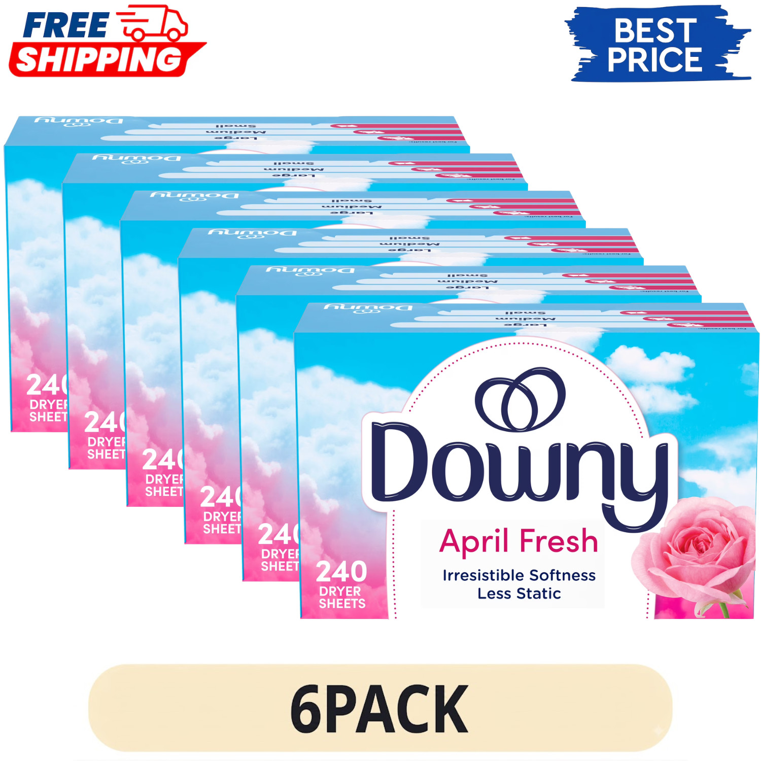 6 Pack Downy Dryer Sheets April Fresh Scent Fabric Softener 240 Ct Static Guard
