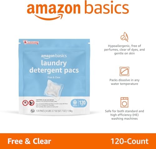 Amazon Basics Laundry Detergent Pacs, Free & 120 Count (Pack of 1), White