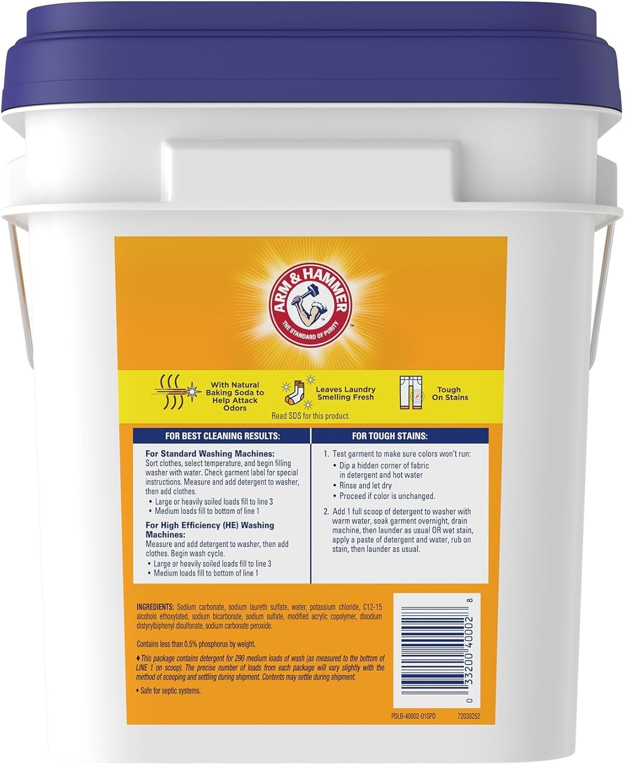Arm & Hammer Free Clear Powder Laundry Detergent 18 Lb Pail Hypoallergenic Bulk