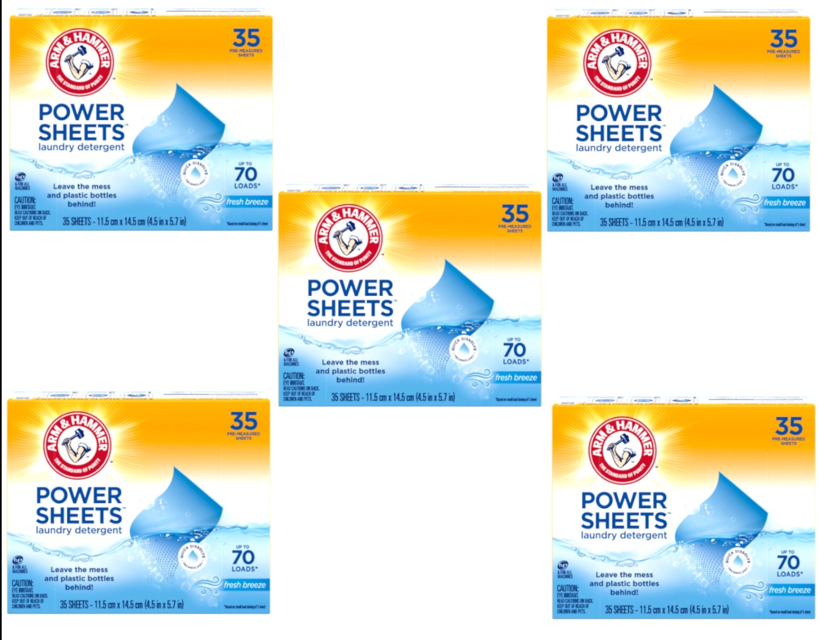 5 Pack ARM & HAMMER Power Sheets Laundry Detergent Fresh Breeze 35 ct 70 Loads