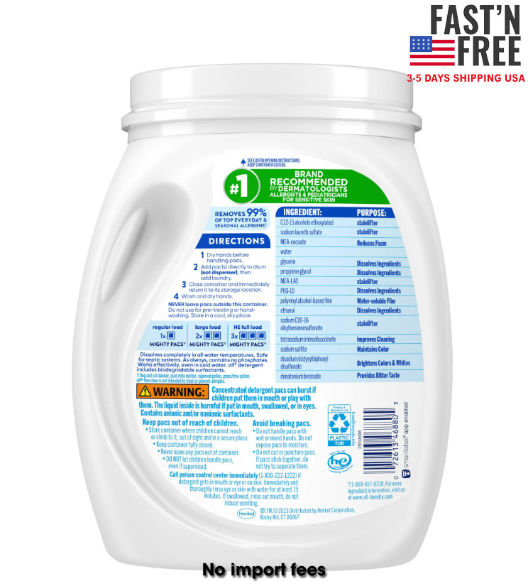 all Mighty Pacs Laundry Detergent Pacs, Free Clear for Sensitive Skin, 60 Count