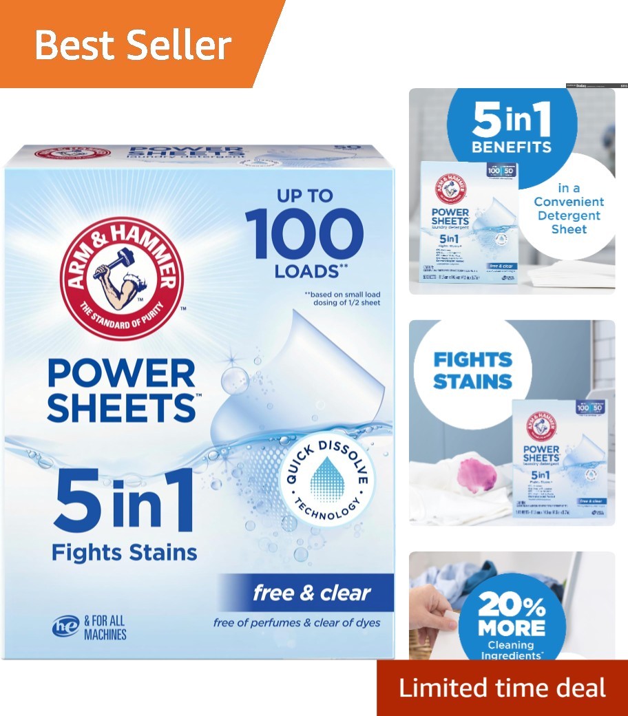 5in1 Free & Clear Laundry Sheets – Cleans 100 Loads, Quick Dissolve Technology