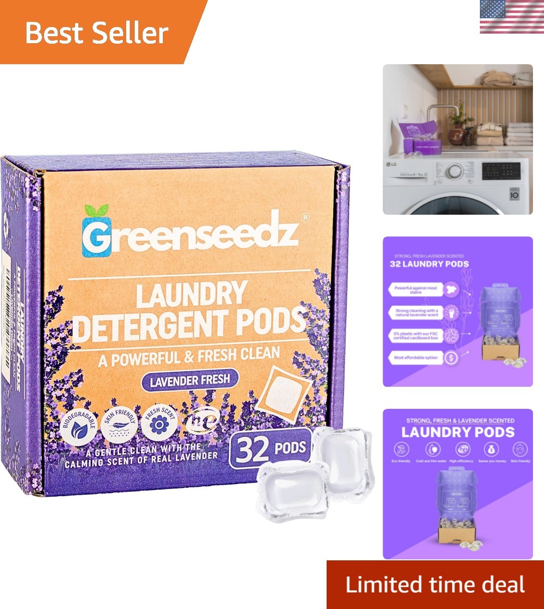 Biodegradable Laundry Pods, Fresh Lavender, 32 Pack – Gentle Yet Powerful Clean