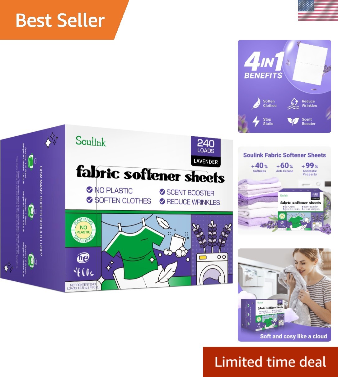 Travel-Friendly Lavender Fabric Softener Sheets – 240 Loads, Safe and Effective