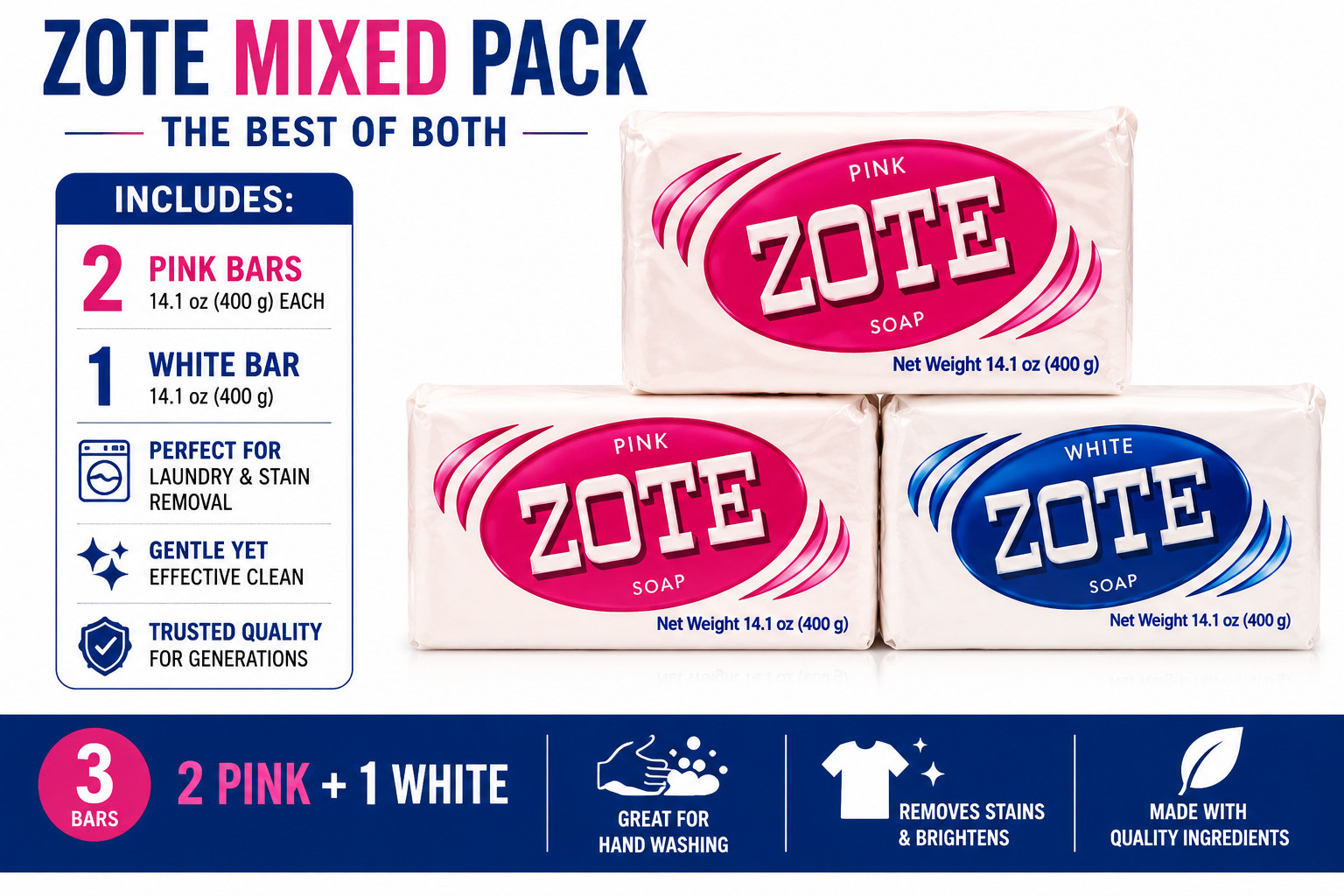 ZOTE Mixed Pack Laundry Soap 3 Bars 2 Pink 1 White 14.1 Oz Each Stain Remover