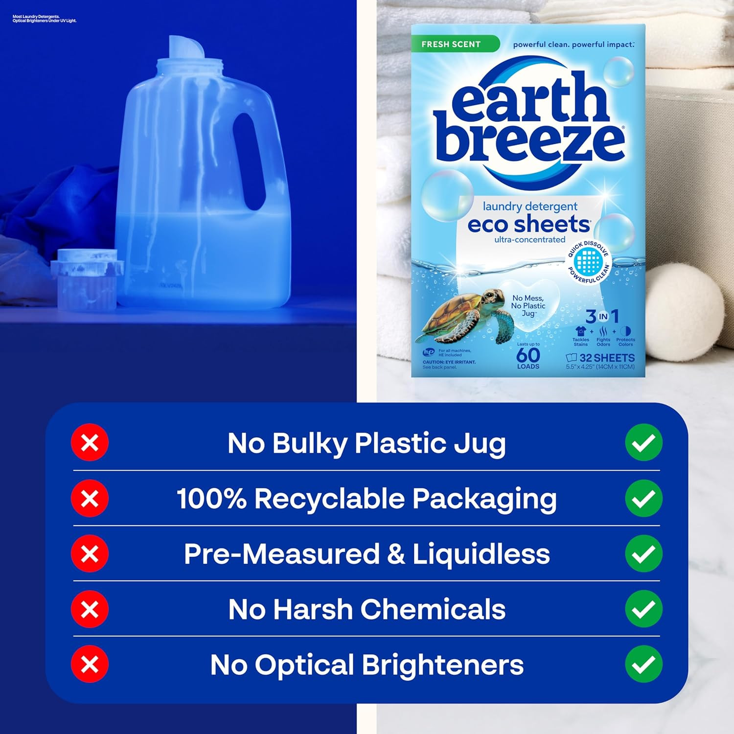 Earth Breeze Laundry Detergent Sheets Fresh Scent – 60 Loads Eco Liquidless Soap