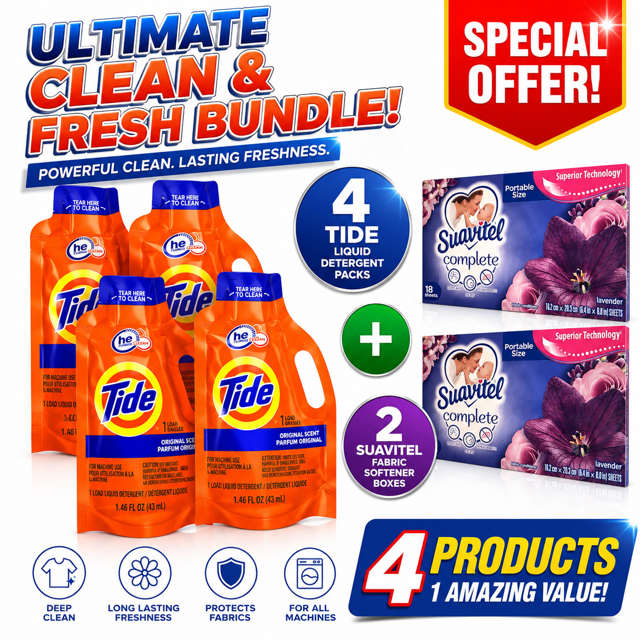 Tide Liquid Detergent 4 Pack + 2 Suavitel Complete Lavender Dryer Sheets Bundle