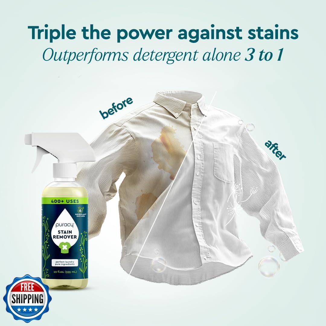 Puracy Stain Remover Spray, Natural Travel and Laundry Stain Cleaner for Clot