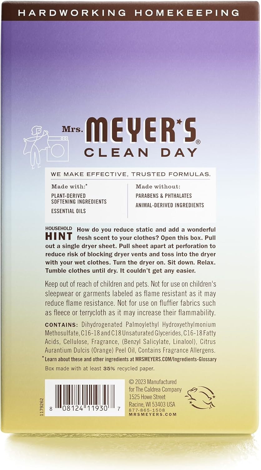 Mrs. Meyer’s Clean Day Dryer Sheets, Fabric Softener, Compassion Flower 80 Count
